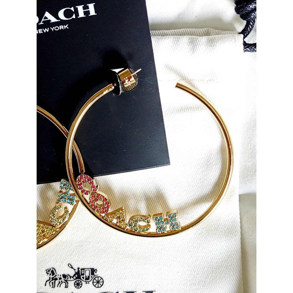 NWT, Coach Gold, & RAINBOW Multicolor Hoop Earrings 2¼" - Picture 5 of 12